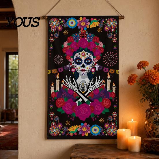 Wall Backdrop Day of The Dead Fabric Art, Mexican Fiesta Theme Colorful Sugar Exotic Themed Skull Hanging Tapestry Decoration for Photo Booth,