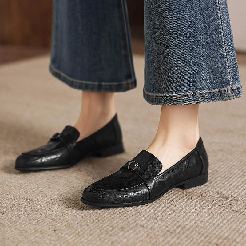 Krazing Pot Sheepskin Round Toe Thick Med Heels Spring Shoes Slip On Big Size 42 Loafers Women Pleated Beauty Pumps