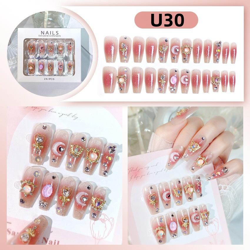 White Blue Color 3D Rabbit Star Rhinestone Designs-Full Cover Acrylic False Nails for Women and Girls Detachable Long Fake Nails