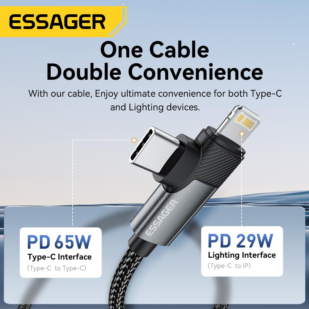 Essager 2 In 1 USB Type C Cable 65W PD Fast Charging Wire Type C To Lightning Cable for IPhone 15 14 Pro Max MacBook IPad Xiaomi