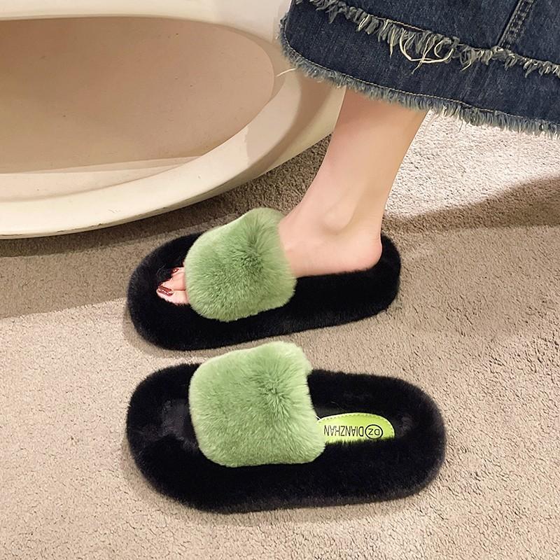 

Wear thick-soled two-color rabbit fur slippers for women s autumn and winter plush indoor home lazy one-word cotton slippers tide 35 чорний