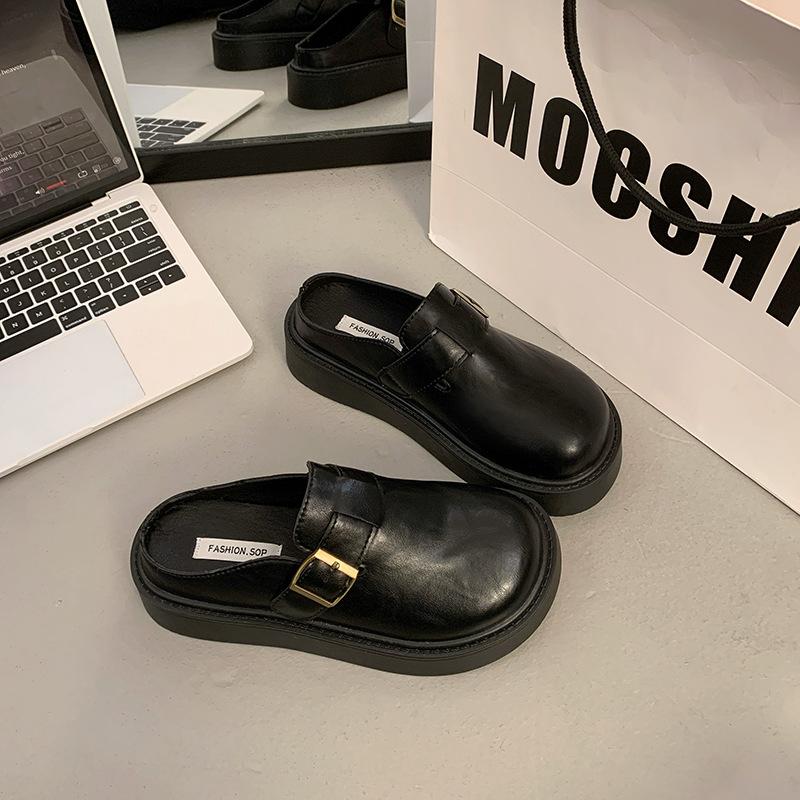 British style heightened platform Boken bag head slippers women 2025 new spring one-pedal small leather shoes half slippers women