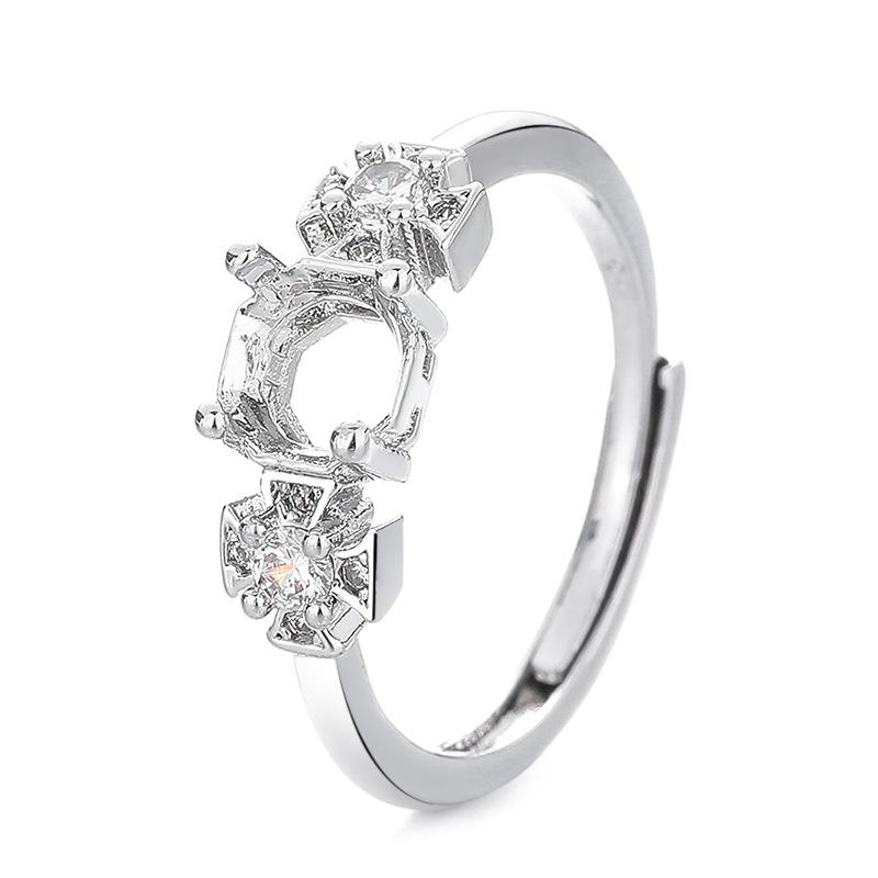Octagonal Rose Cut Zirconia Women's White Gold Open Copper Ring Setting - DIY Imitation 925 Silver