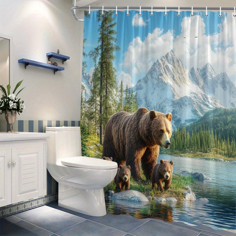 Bear Family Shower Curtain – Realistic Mountain Lake Scene, Waterproof Polyester, Nature-Inspired Bathroom Decor With 12 Hooks