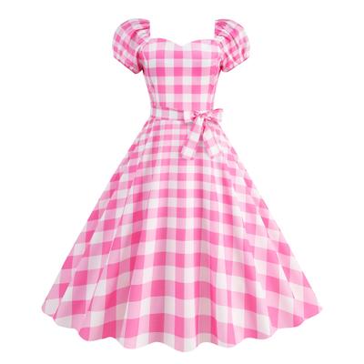 Women Dress Retro A-line Big Swing Tight High Waist Short Sleeves V Neck Plaid Dot