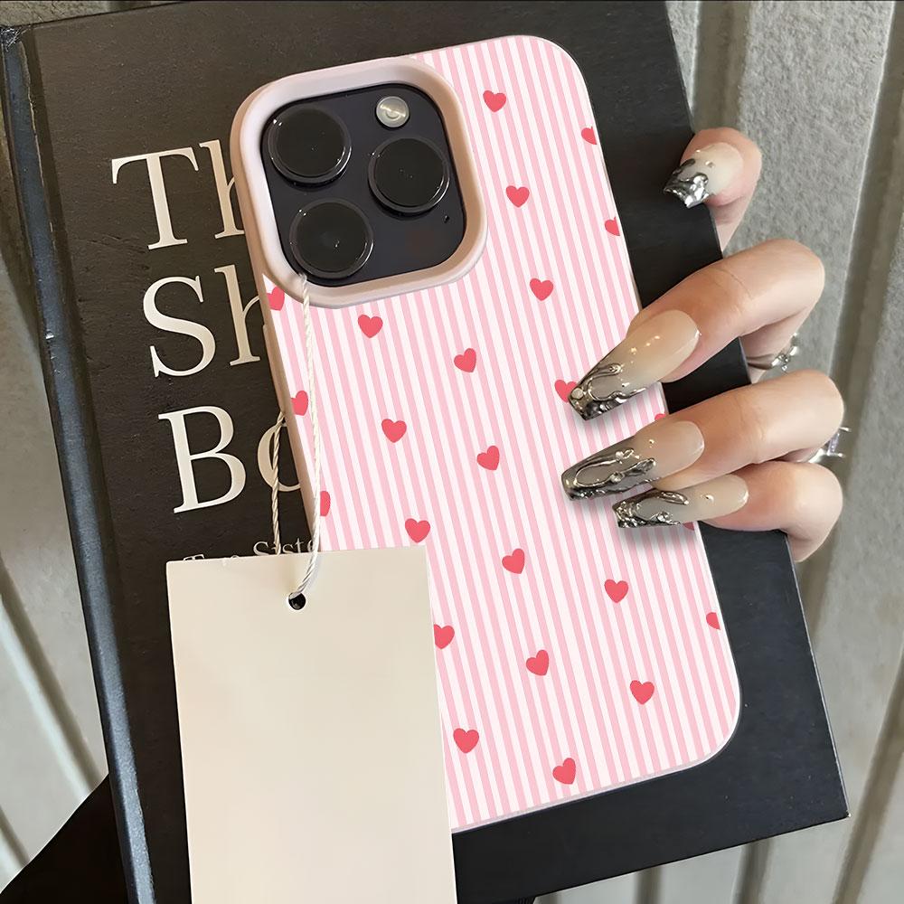 Pink Love Heart Stripe Pattern Phone Case For IPhone 17 16 15 14 13 12 11 Pro Max 15 Plus 17Air 16E Lychee Silicone Soft Cover