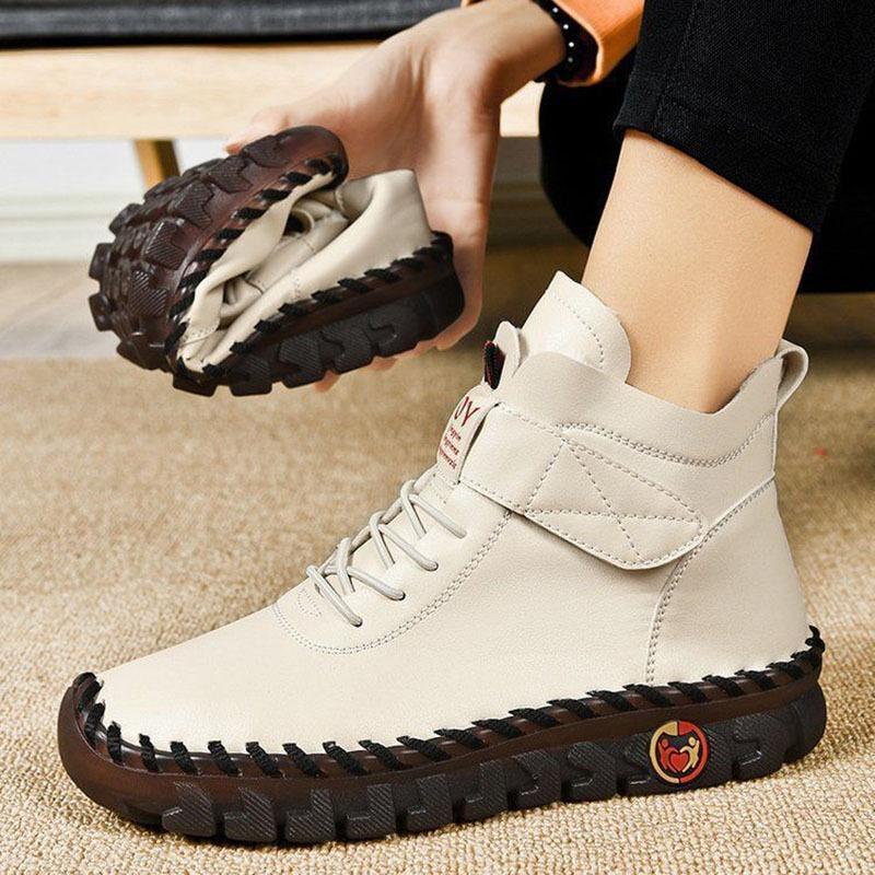 Mode Winter Fleece Warme Stiefel für Damen Lässig High-Top Weiche Sohle Flache Schuhe Uni Schnürung Pelz Baumwolle Damen Schuhe Retro Stiefeletten