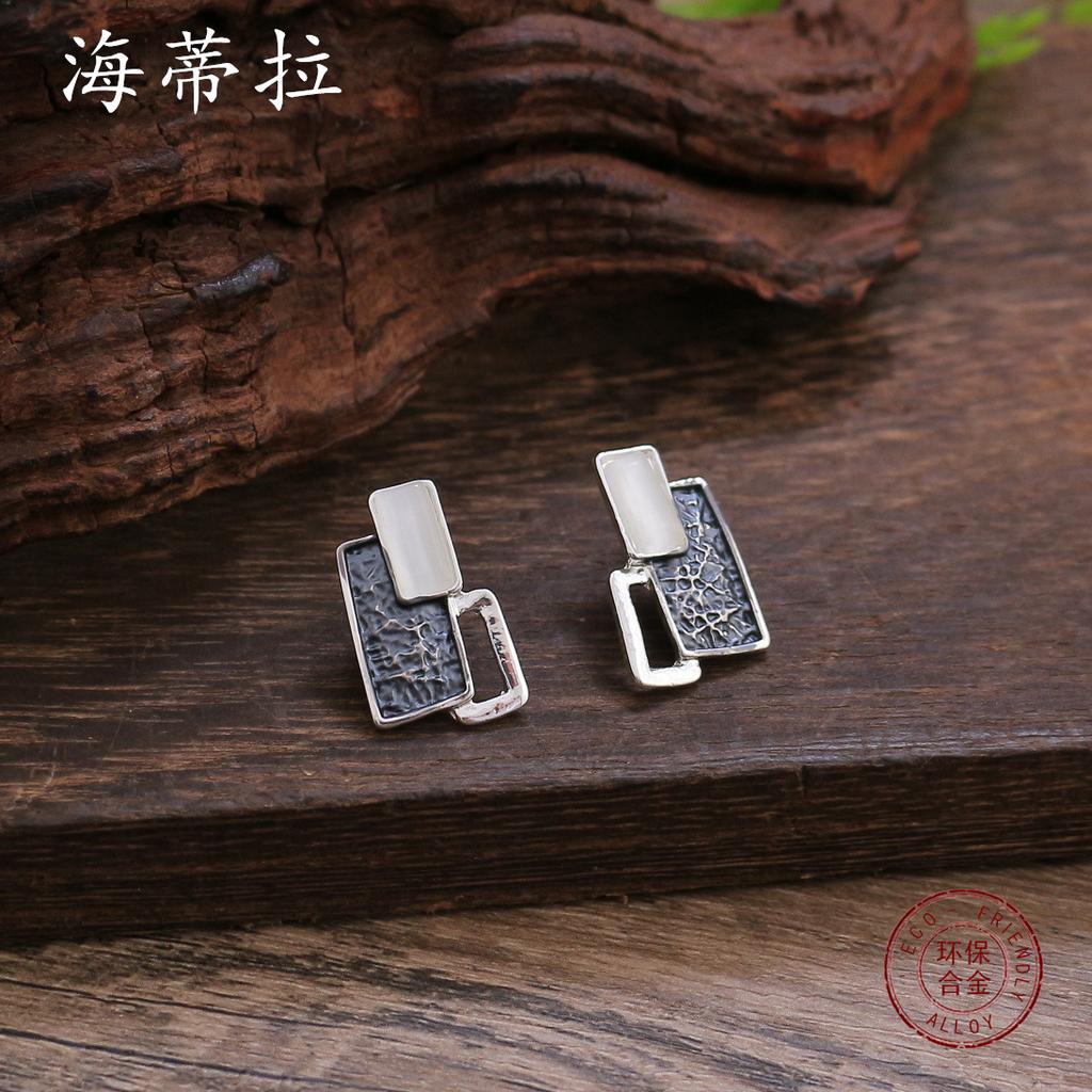 New Color Painting Oil Irregular Square Stud Earrings Necklace Set, Women's High-end Geometric Necklace