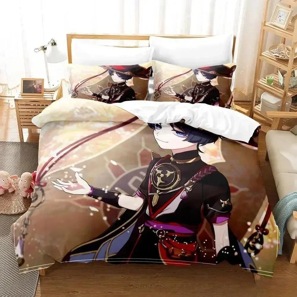 New Game Genshin Impact Scaramouche Bedding Set Printed Bed Set With Pillowcase Duvet Cover Soft Queen King Size Bedclothes Home