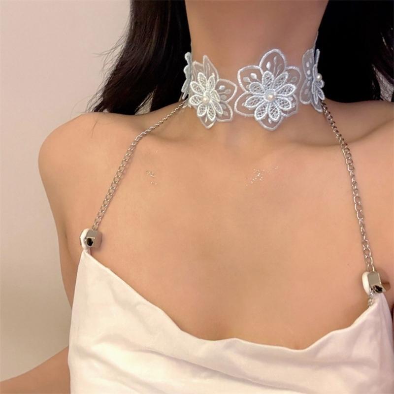 Collana di Pizzo Floreale Ispirazione Vintage con Perle Finte Catena Corta per Matrimoni e Feste