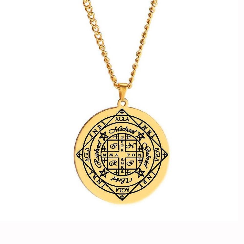 Magic Symbol Seal Wheel of Fortune and Archangel Protection Pendant Necklace