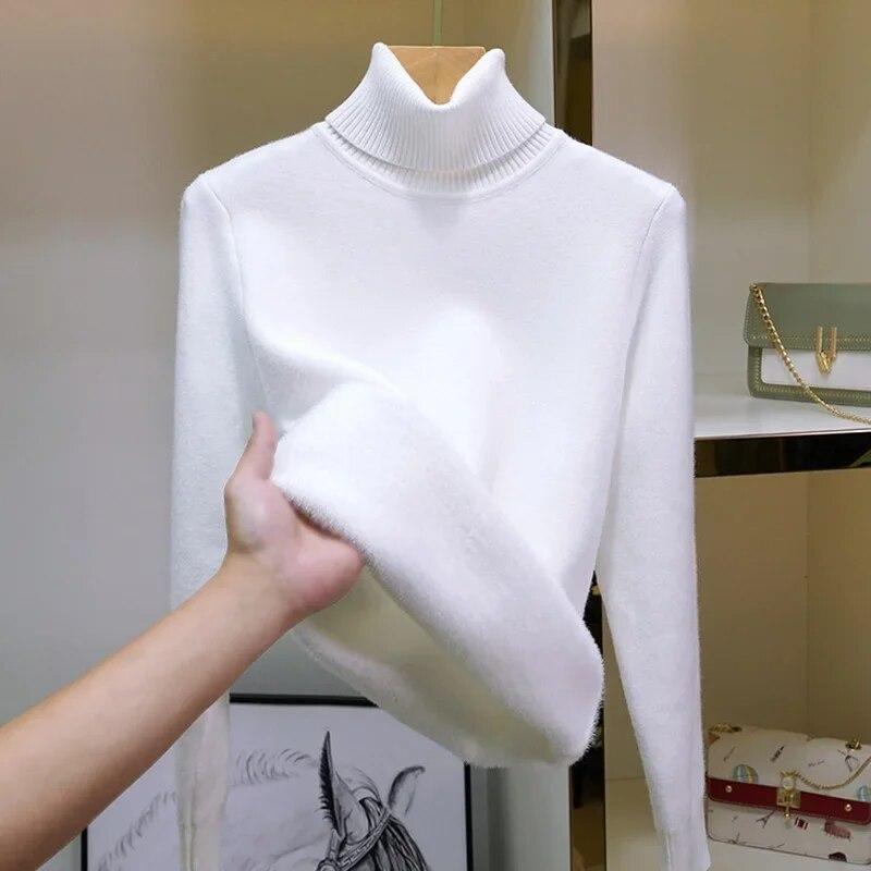 Office-lady Dolcevita Solido Maglione Donna Autunno Inverno Casual Pile Addensato Caldo Pullover Moda Loose Fit Soft Top 29760