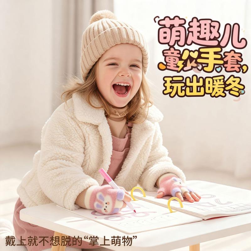 Children's Half-finger Gloves Autumn and Winter Jacquard Rabbit Five-finger Fingers Boys and Girls Baby Warm and Cold Baby Winter Gloves