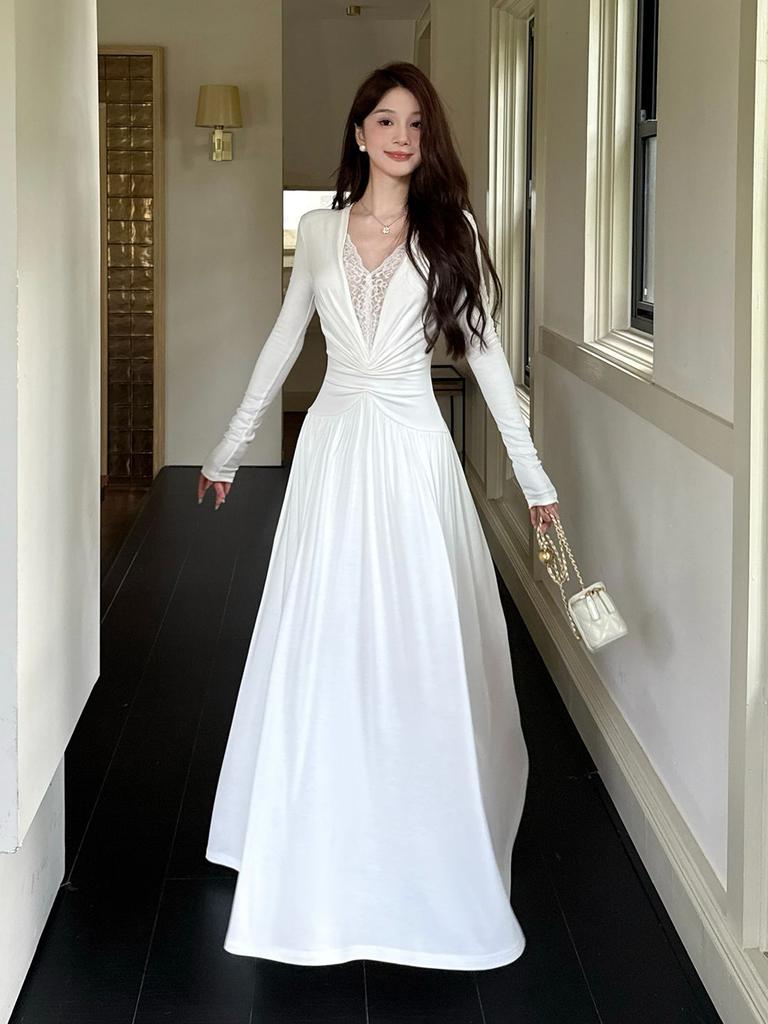 Lace Splicing Pure Desire Wind V-neck Long-sleeved Dress Women's Autumn Slim-fitting Waist Skirt Design Sense Big Swing Dress