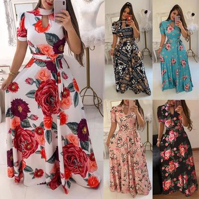 Moda feminina verão primavera cor sólida impressão manga curta o-pescoço cintura alta vestidos casuais