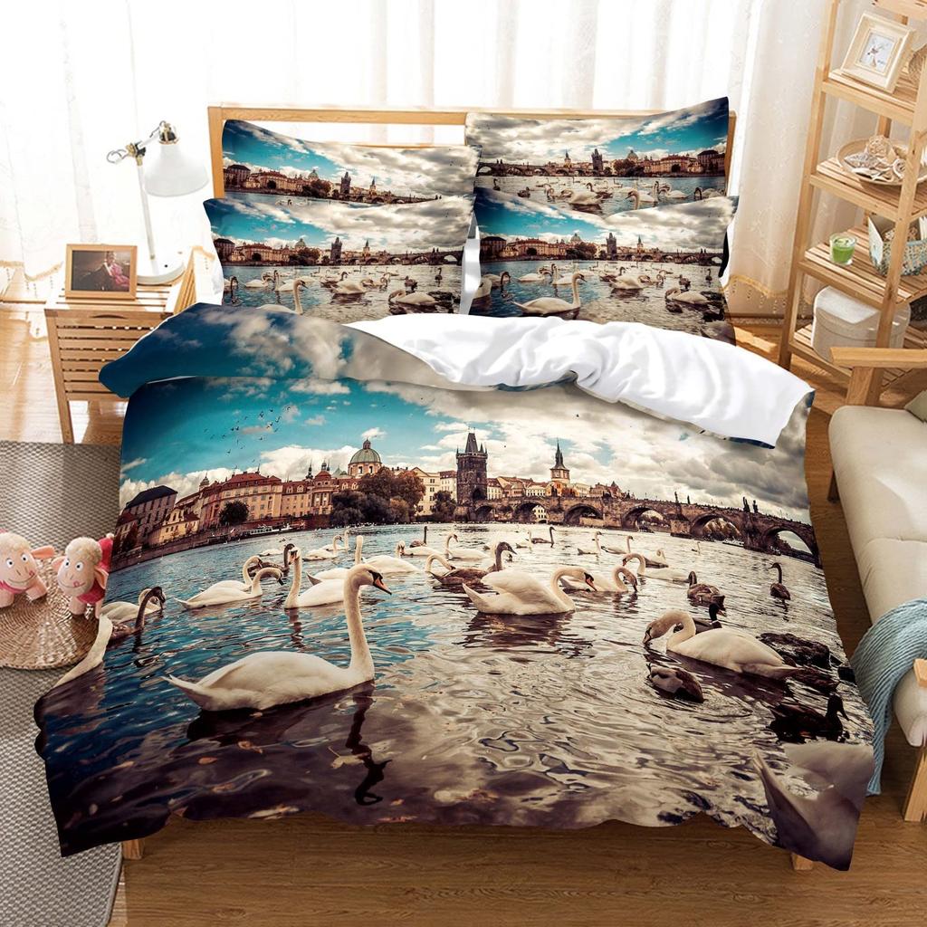 Swan Duvet Cover King Queen Beautiful Elegant White Animal Bedding Set Kid Teens Adults Wildlife Lake Soft Quilt Cover