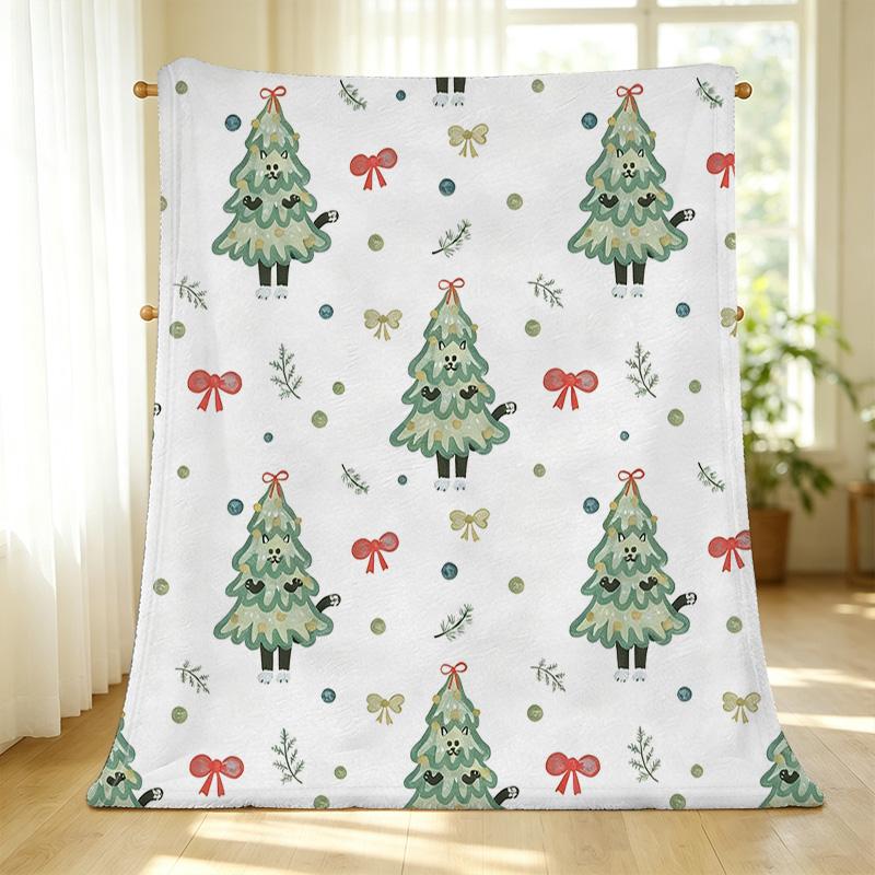 Christmas Tree Flannel Throw Blanket, Soft Plush Trimmed, Warm Cozy for Home, Couch & Holiday Use