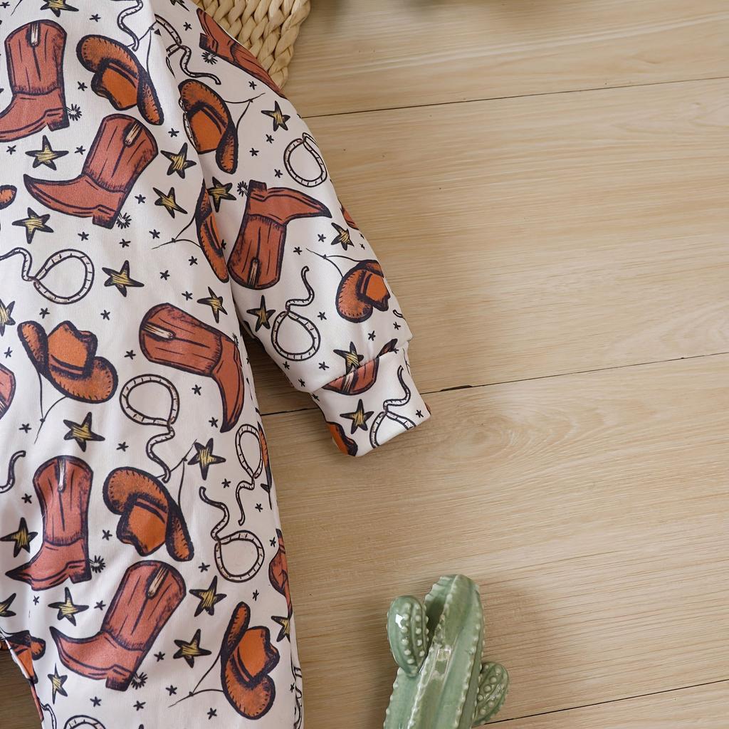 Baby Newborn Infant Girls Spring Autumn Cowboy Hat Print Long Sleeve Romper Jumpsuit Clothes Long Sleeve Toddler