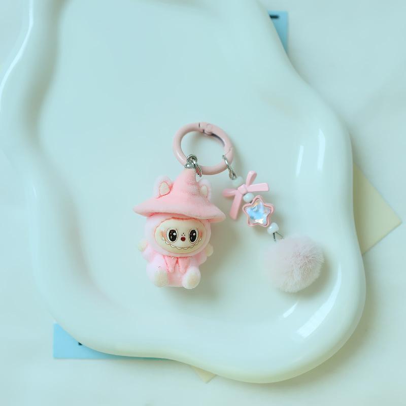1 Piece Cartoon Flocking Wizard Labubu Keychain Cute Bag Hanging Pendant Backpack Earphone Case Decoration Birthday Gifts