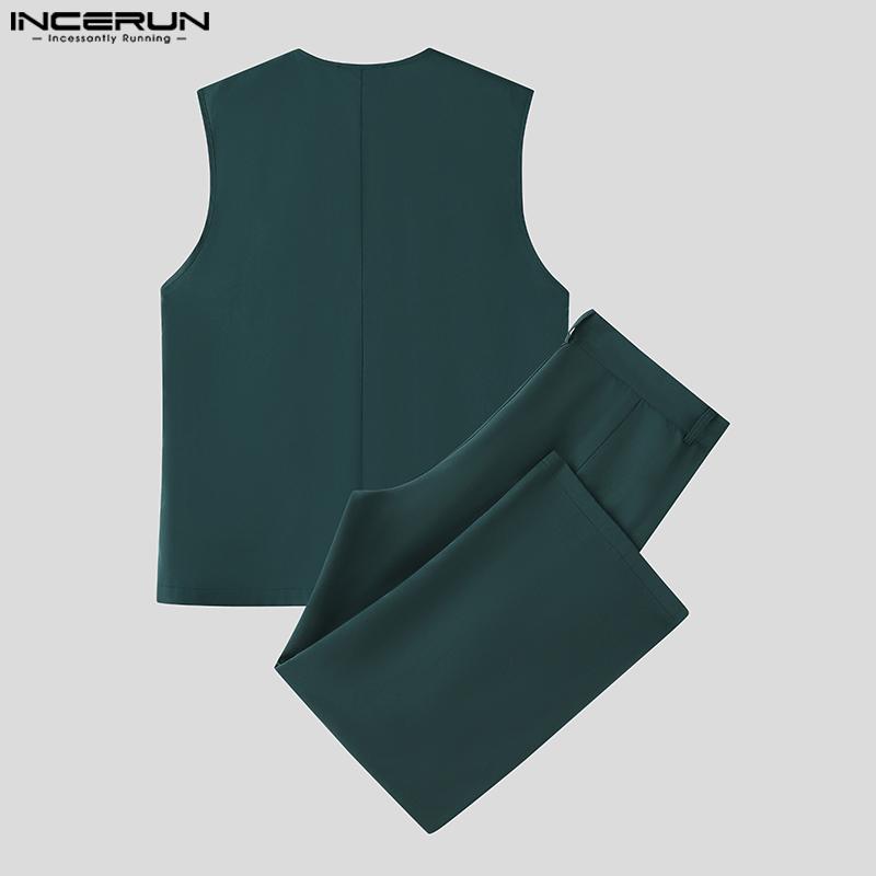 INCERUN Two Pieces Men Sleeveless Patchwork Waistcoat and Long Straight Pants Sets