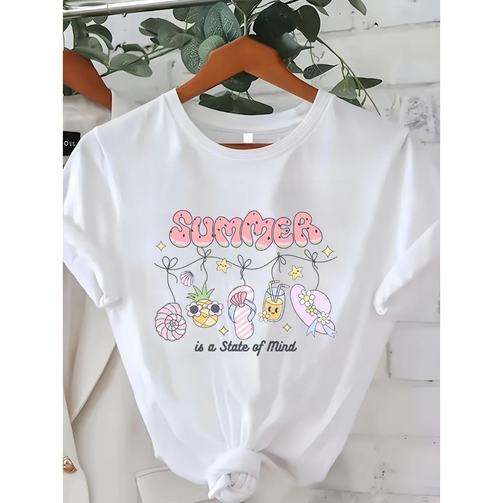 Women Casual White T-Shirt She Sells Sea Shells By The Sea Shore Print Soft Cotton Short Sleeve Daily Wear Tee