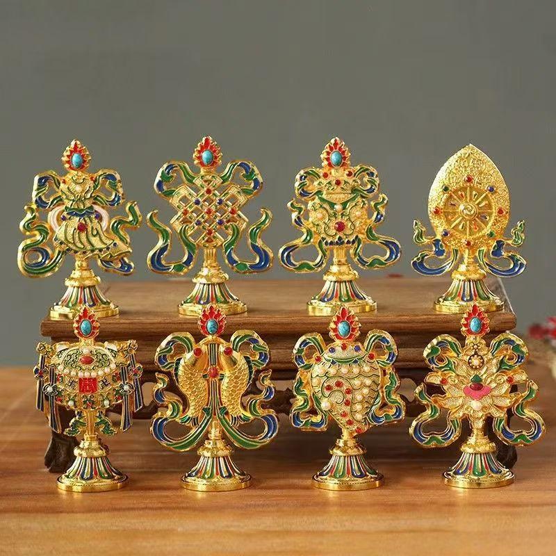 8Pcs Painted Tibetan Engraved Eight Treasures Auspicious Statue Enamel Alloy Handicraft Feng Shui Decor for Home Meditation Room