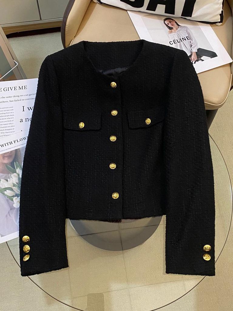 Fleece-filled black new round neck fragrant short coat small French tweed top