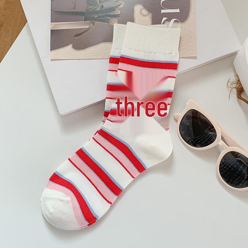 

25 New Women s Mid-Calf Japanese Anti-Pilling Striped Cotton Socks - Trendy Color Block, College Style for Autumn/Winter. One Size