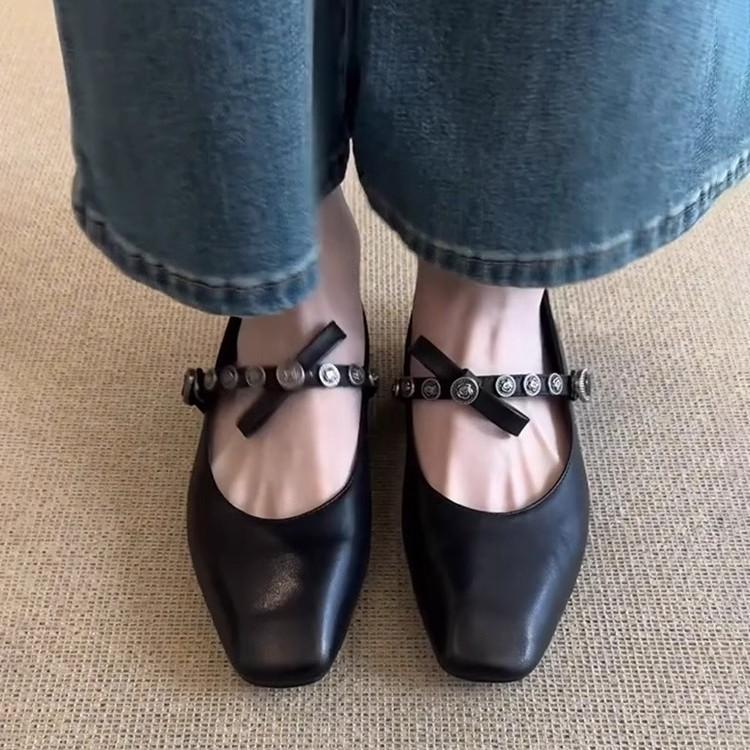 Super Soft Lambskin French Single Shoes Women's Flat Bow Light Mouth Ballet Shoes Small Square Head Retro Mary Jane Shoes
