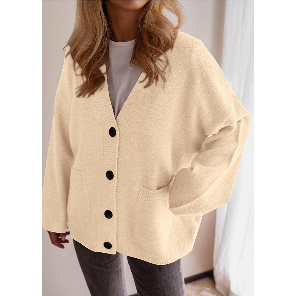 Women Solid Color V Neck Button Up Loose Long Sleeve Knit Cardigan Sweater Coat