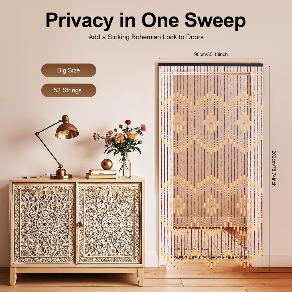 Bamboo Wood Beaded Door Curtain 52 Strings Large Room Divider Window Wall Hanging Decor for Bohemian Rustic Vintage Home