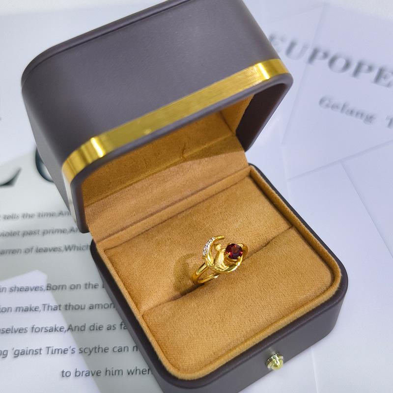 

Moon Cat S925 Sterling Silver Ring Niche Style Natural Garnet Topaz Crystal Drawing Craft High Sense Finger Jewelry opening adjustable