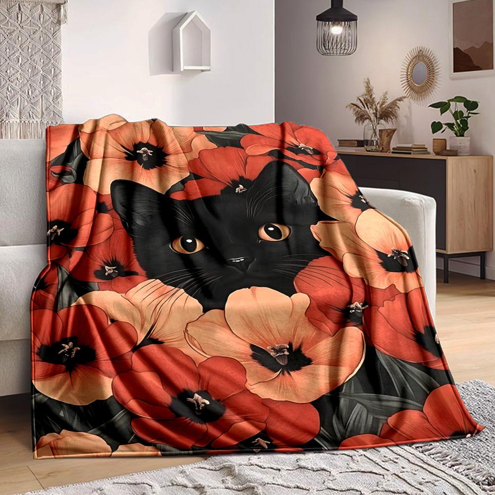 

1 шт. Плед с принтом черной кошки, Плед для дивана, кровати, путешествий, Плед с принтом из мягкой и теплой ткани yy250918206 75x90cm