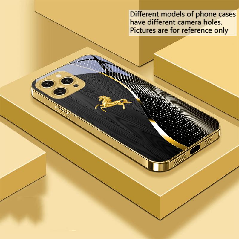 Holzmaserung Goldenes Pferd Für IPhone 16 Pro Max 15 Pro 14 13 Plus 12 Mini 11Pro Max XS Max XR Goldene gehärtete Glas Handyhülle
