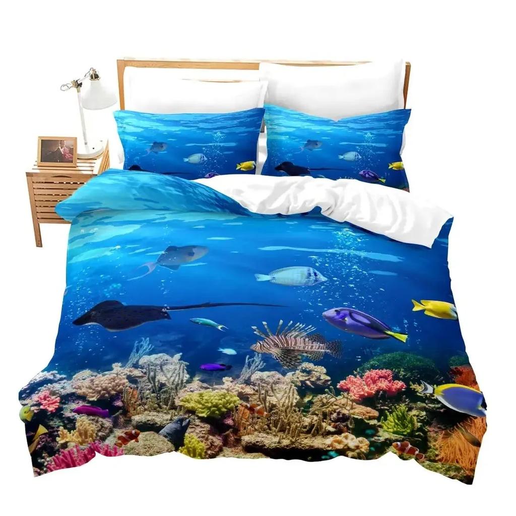 Fisch Bettwäsche-Set Ozean Bettwäsche-Sets 3D Gedrucktes Unterwasserwelt mit Hai Delfin Korallenriff Muster Bettbezug-Set