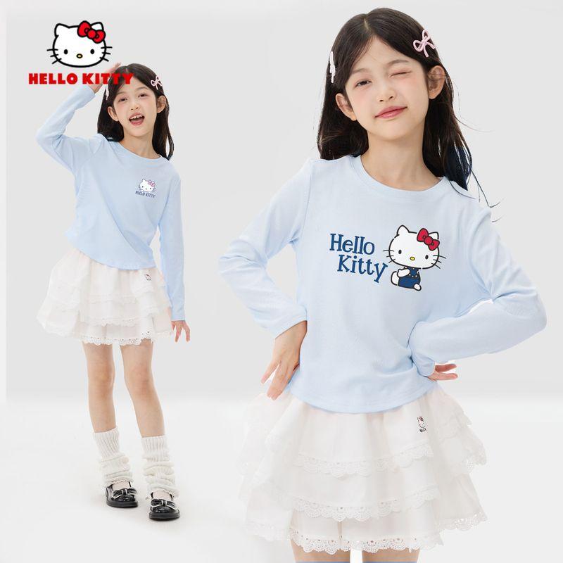 Hello Kitty Girls' Autumn Outfit Set, Stylish Children's Autumn Clothes, Long-Sleeved T-Shirt and Skirt for Older Girls, Trendy