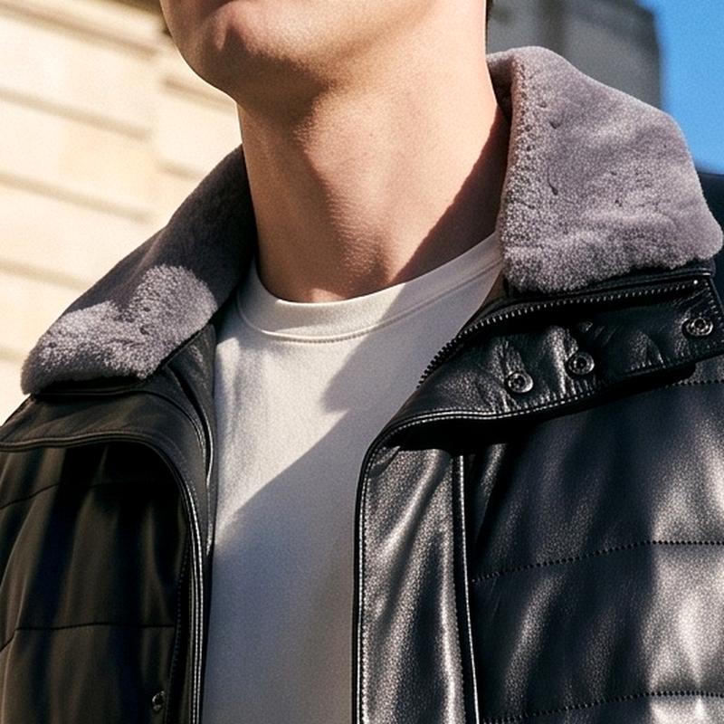 Men's Mid-Length Sheepskin Leather Down Jacket with Shearling Collar