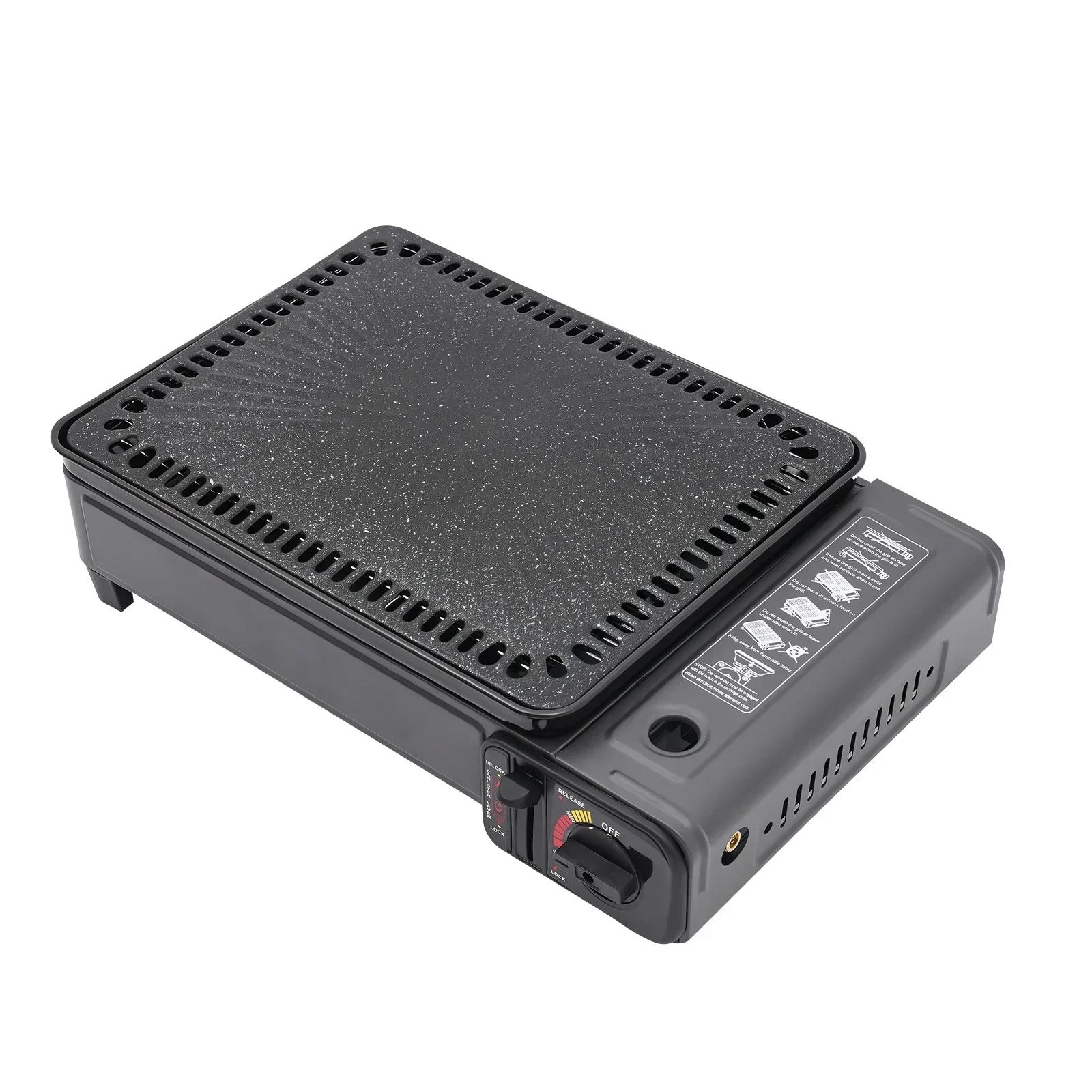2-in-1 Camping Cooker Gas Grill 3kW Multifunction Grill with Piezo Ignition and Safety Valve,Including Grill Set + Aluminum Case nero