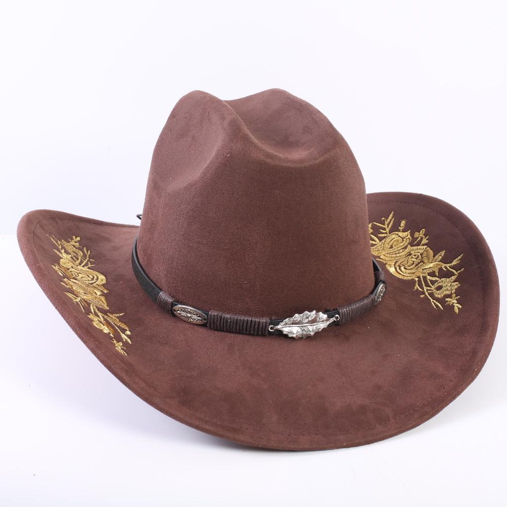 Beliebter europäischer und amerikanischer klassischer Wildleder Western Cowboyhut für Herren und Damen, großer Schirm, bestickt, Outdoor-Sonnenhut