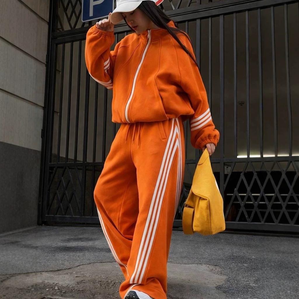 New Color Block Zip Up Classic Three Stripe Hooded Set Fashion Casual Two Piece Track Suit for Women
