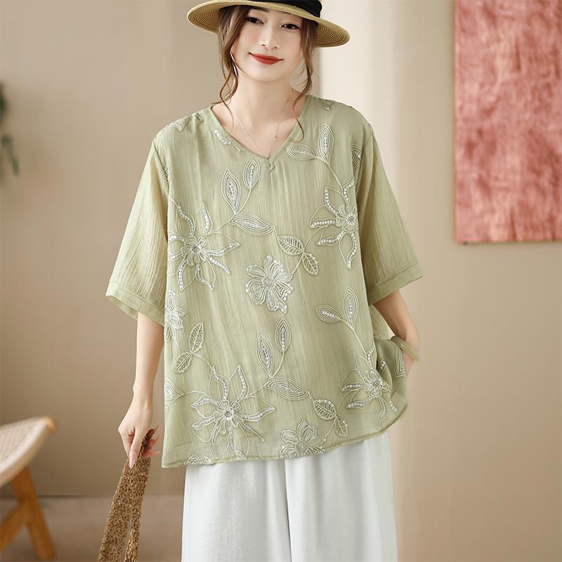 DIMANAF 2026 Große Größen Sommer Damen T-Shirts Lässige Damen Tops Tunikahemd Stickerei Floral Oversize Lockere T-Shirts