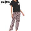 GMXIA Women's Leopard Print Tie-Dye Loungewear Pajamas Two Piece Short Sleeve Long Pants Set