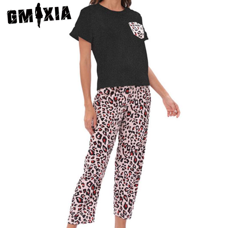 GMXIA Women's Leopard Print Tie-Dye Loungewear Pajamas Two Piece Short Sleeve Long Pants Set
