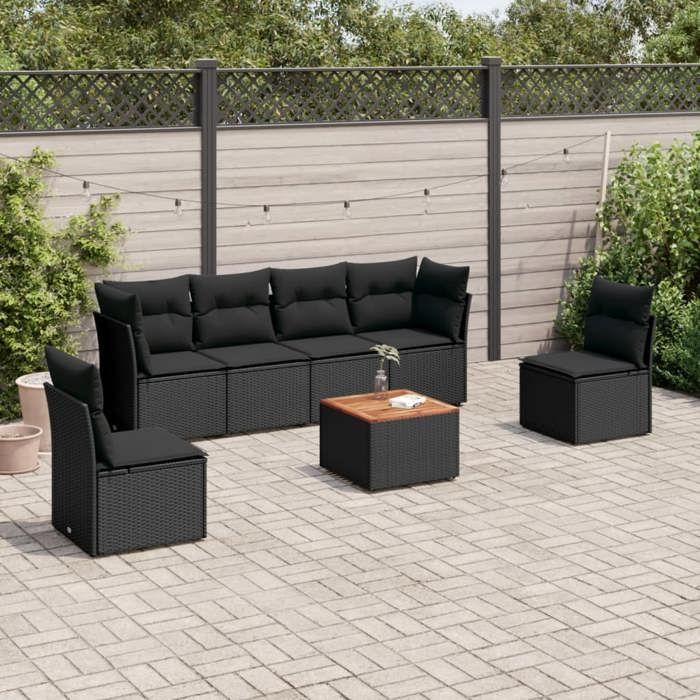 VidaXL Salon de Jardin avec Coussins 7 pcs, Canapés de Terrasse, Ensemble de Meubles de Patio, Mobilier d'Extérieur, Noir 3255880