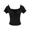 Bubble short-sleeved T-shirt women's summer new Spice Girl style solid color hollow lace-up square neck slim-fitting top