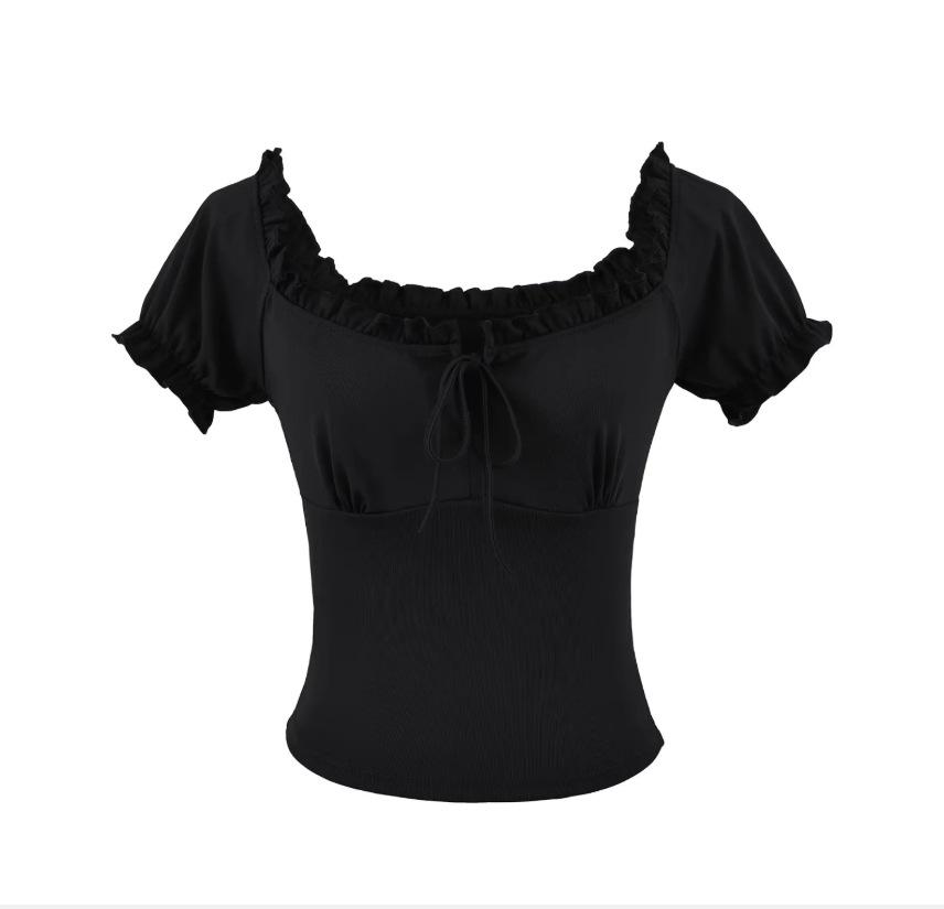 Bubble short-sleeved T-shirt women's summer new Spice Girl style solid color hollow lace-up square neck slim-fitting top
