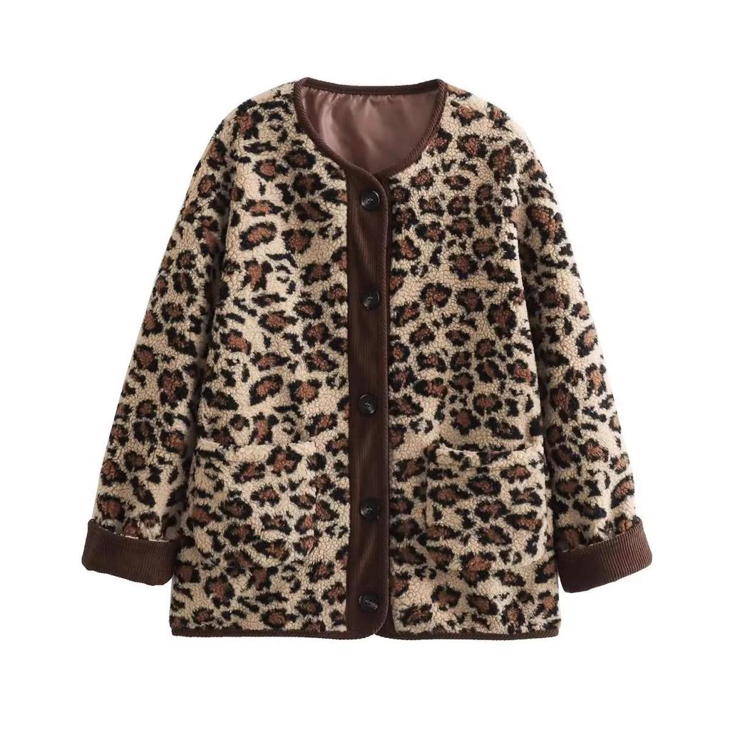 Autumn 2024 Women's Loose Leopard Print Lamb Wool Coat - European & American Fashion