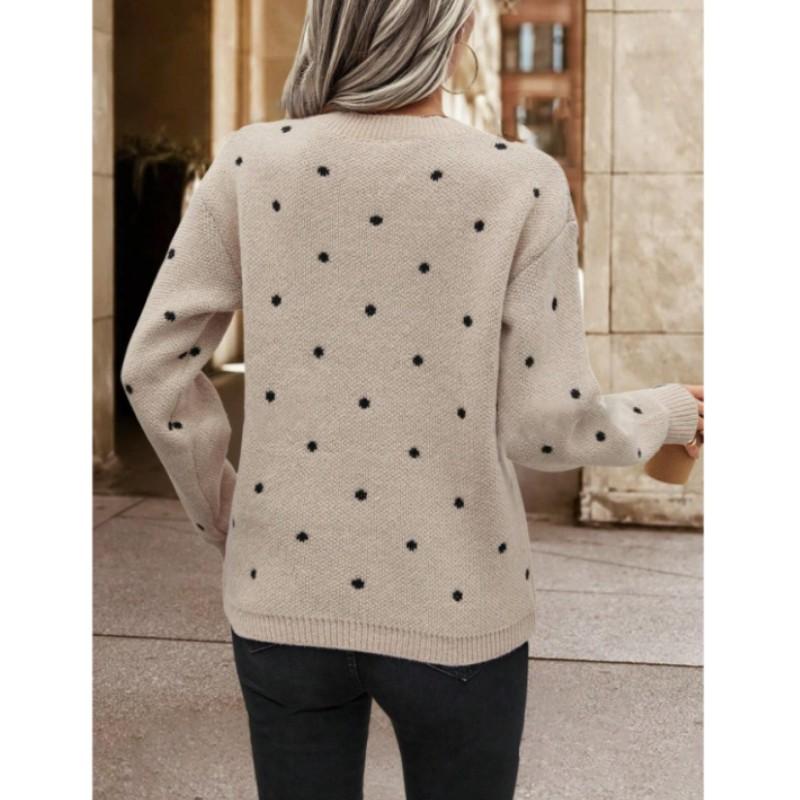 Women's Spring/Fall Crew Neck Long Sleeve Pullover Sweater Polka Dot Jacquard Casual Knit Top