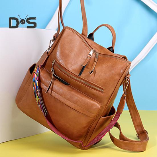 Faux Leather Backpack with Hand Strap Waterproof Smooth Surface Vintage Large Capacity Solid Color Adjustable Straps Multi Pockets Travel Work