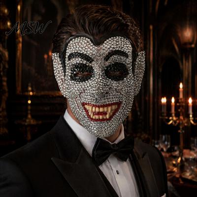 Bequeme Party-Gesichtsmaske Halloween Totenkopf Vollmaske, Glitzernde Strass-Maskerade Auffällige Bühnenrequisite für Party, Verstellbarer Riemen Cosplay Damen